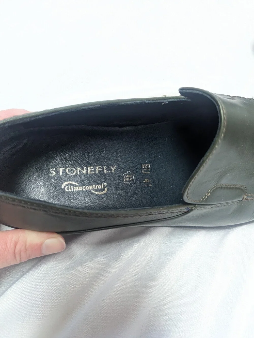Stonefly Army Green Leather Slip On Comfort Loafers Round Toe EU 41 US 8